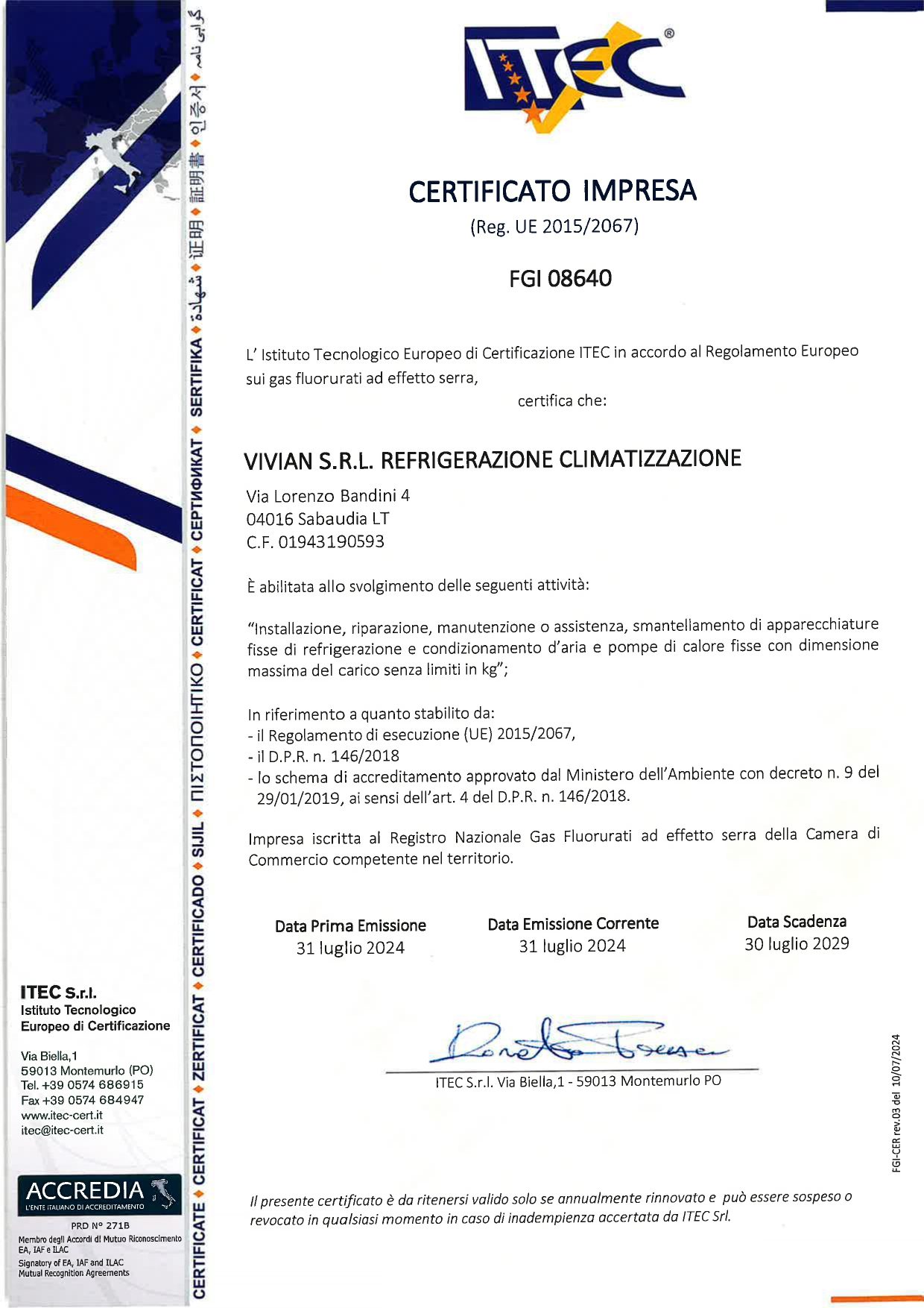 Certificazione F-GAS impresa Vivian S.r.l.